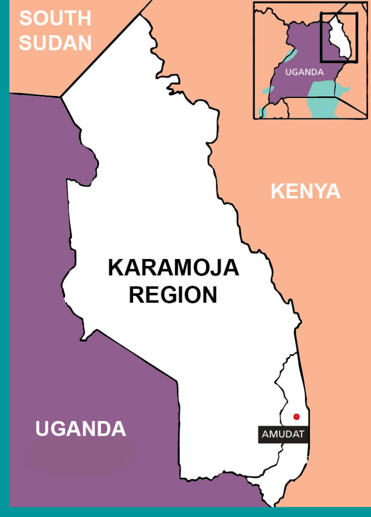 A map depicting the Karamoja region with Kenya on the west, South Sudan on the North and the rest of Uganda on the Easy